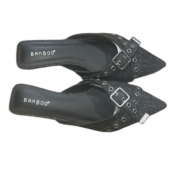 Bamboo Buckle Mule Size 6 Black Denim Slip On Flats Pointed Toe New With Box - Picture 6 of 11